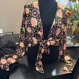 Forever 21 Black Floral Tie-Front Top